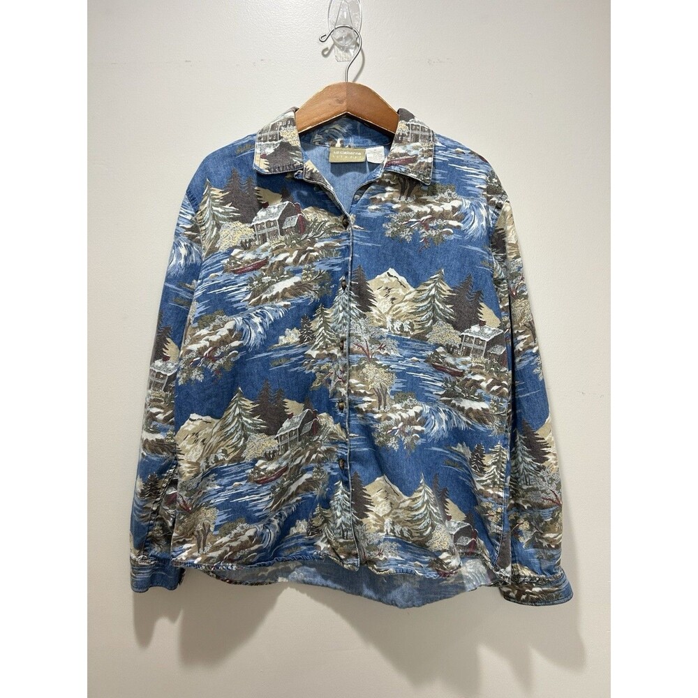 VTG Liz Claiborne Blue Cotton Womens Shirt Sz M Mountain/Cabin Granola Girl Gorp